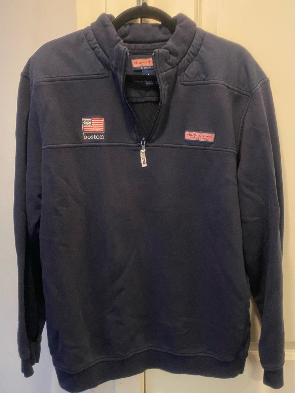 Vineyard Vines Men’s Navy Quarter Zip Pullover with Boston Flag Patch